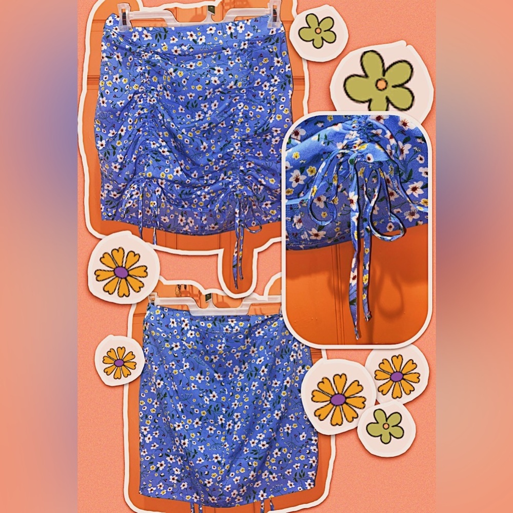 NEW blue float Al print scrunched skirt with bows, adjustable length!